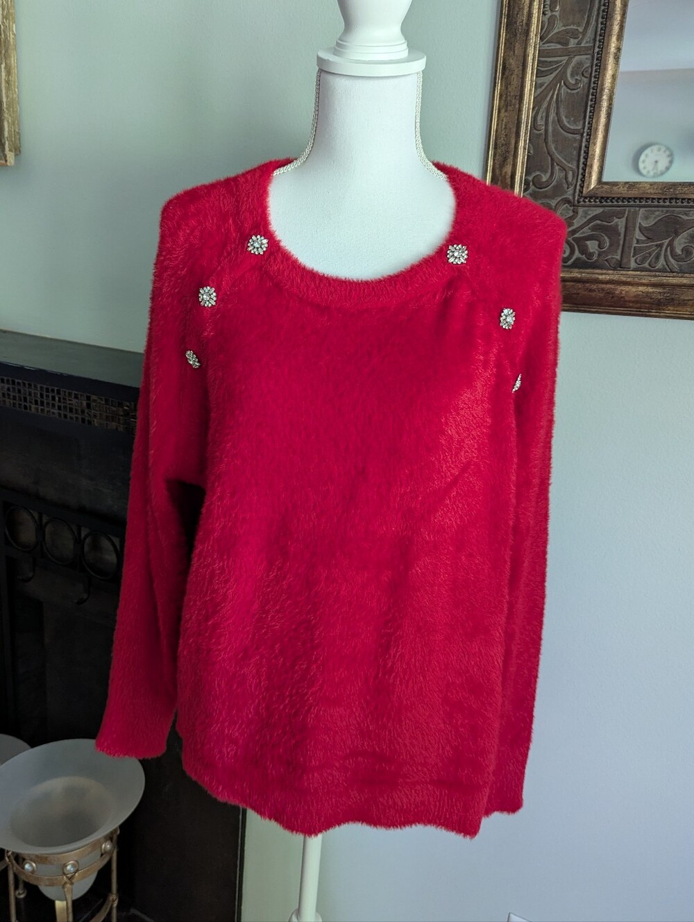 Talbots Women's XL Plush Crewneck Sweater Red Fuzzy Rhinestone Jewel Holiday